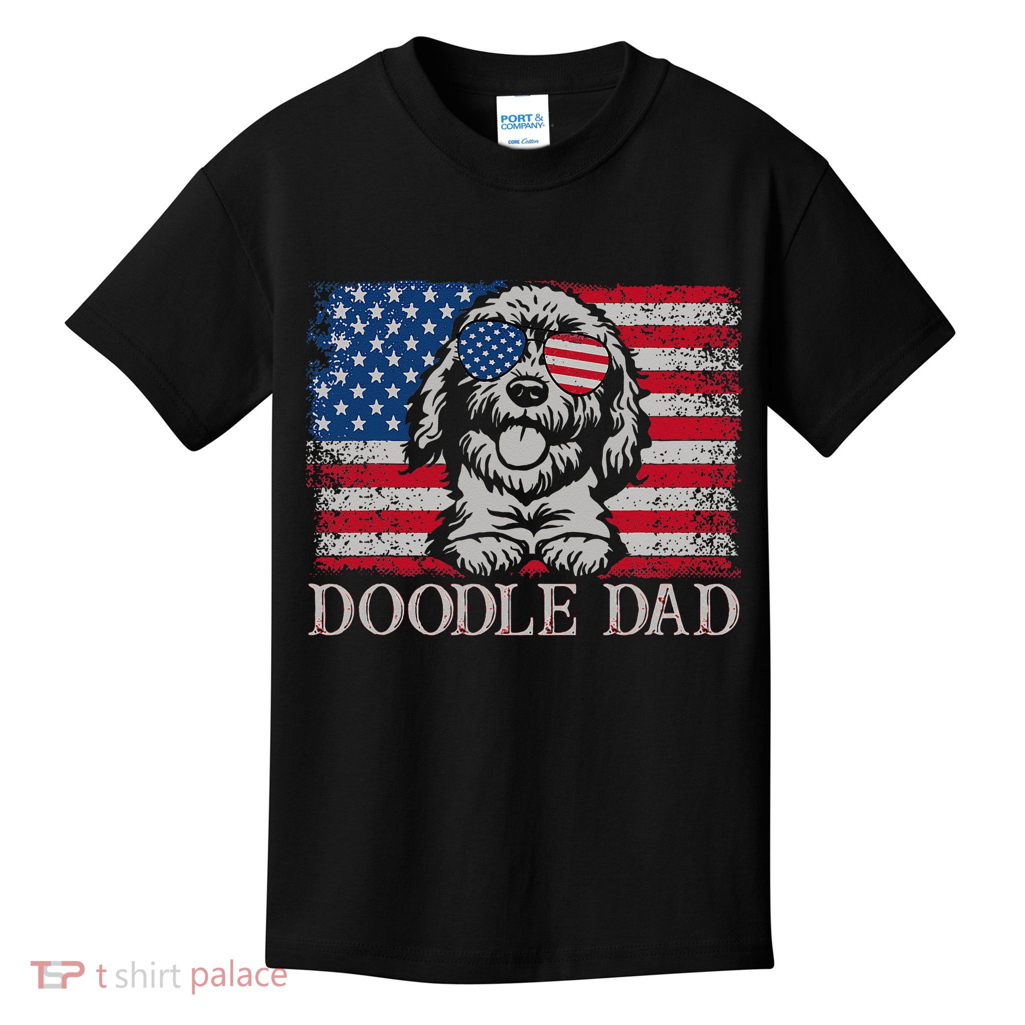 Doodle Dad Goldendoodle Dog American Flag 4th of July Kids T-Shirt