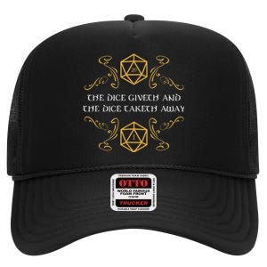 D20 Dice Giveth And Taketh Away Funny Nerdy High Crown Mesh Back Trucker Hat