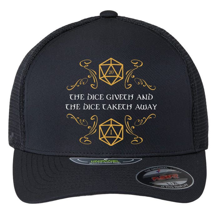 D20 Dice Giveth And Taketh Away Funny Nerdy Flexfit Unipanel Trucker Cap