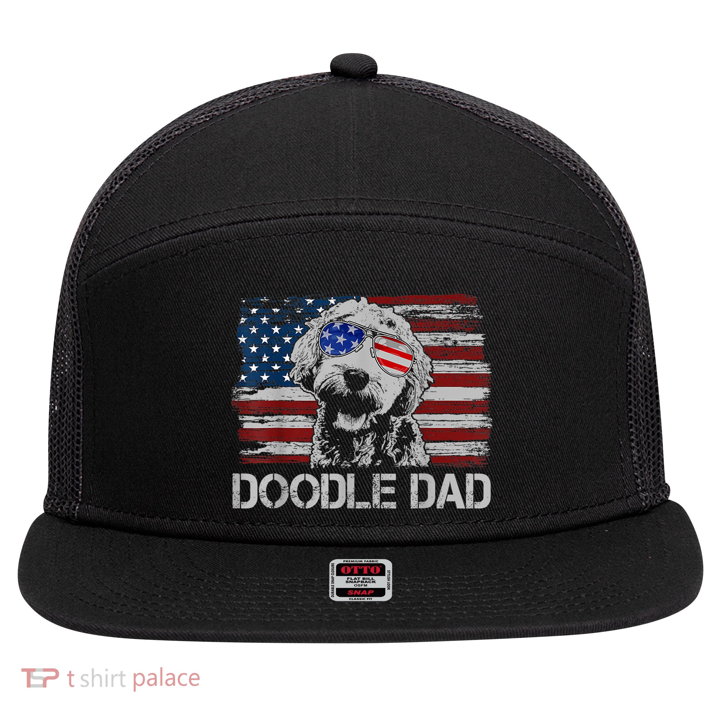 Doodle Dad Goldendoodle Dog American Flag 4th Of July 7 Panel Mesh Trucker Snapback Hat