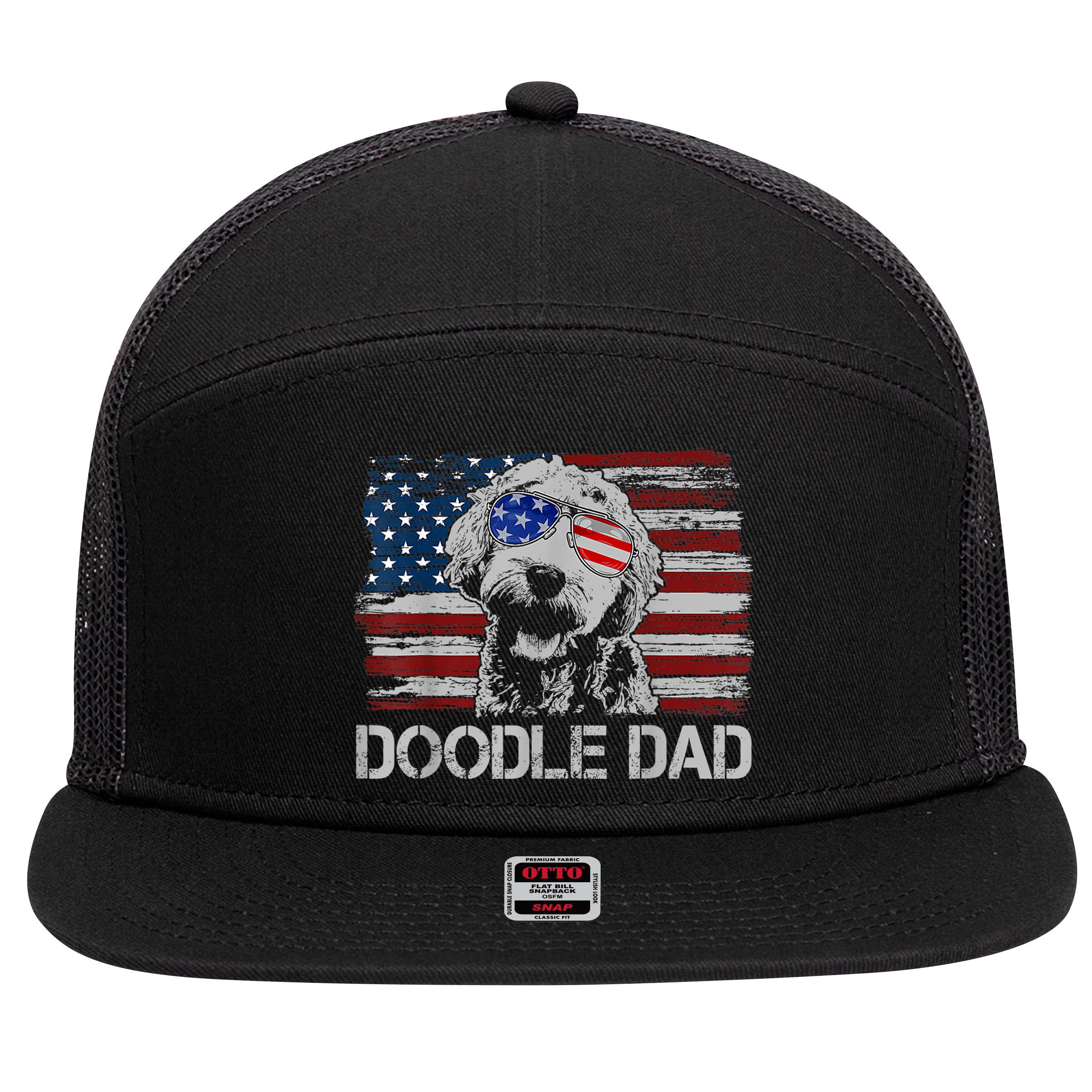 Doodle Dad Goldendoodle Dog American Flag 4th Of July 7 Panel Mesh Trucker Snapback Hat