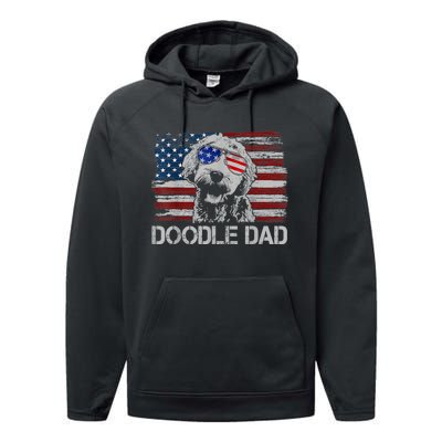 Doodle Dad Goldendoodle Dog American Flag 4th Of July Performance Fleece Hoodie