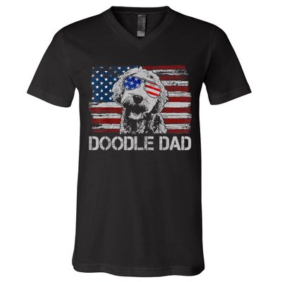 Doodle Dad Goldendoodle Dog American Flag 4th Of July V-Neck T-Shirt