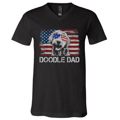 Doodle Dad Goldendoodle Dog American Flag 4th Of July V-Neck T-Shirt