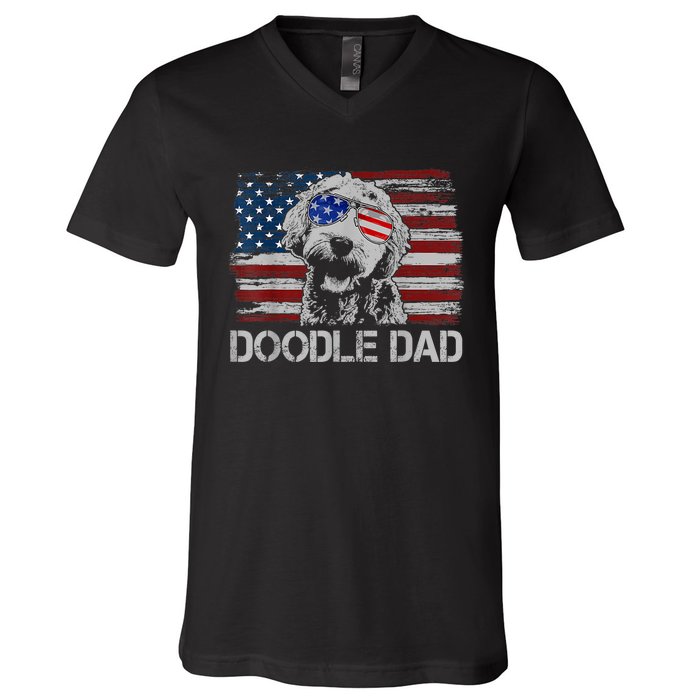 Doodle Dad Goldendoodle Dog American Flag 4th Of July V-Neck T-Shirt