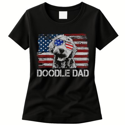 Doodle Dad Goldendoodle Dog American Flag 4th Of July Womens T-Shirt