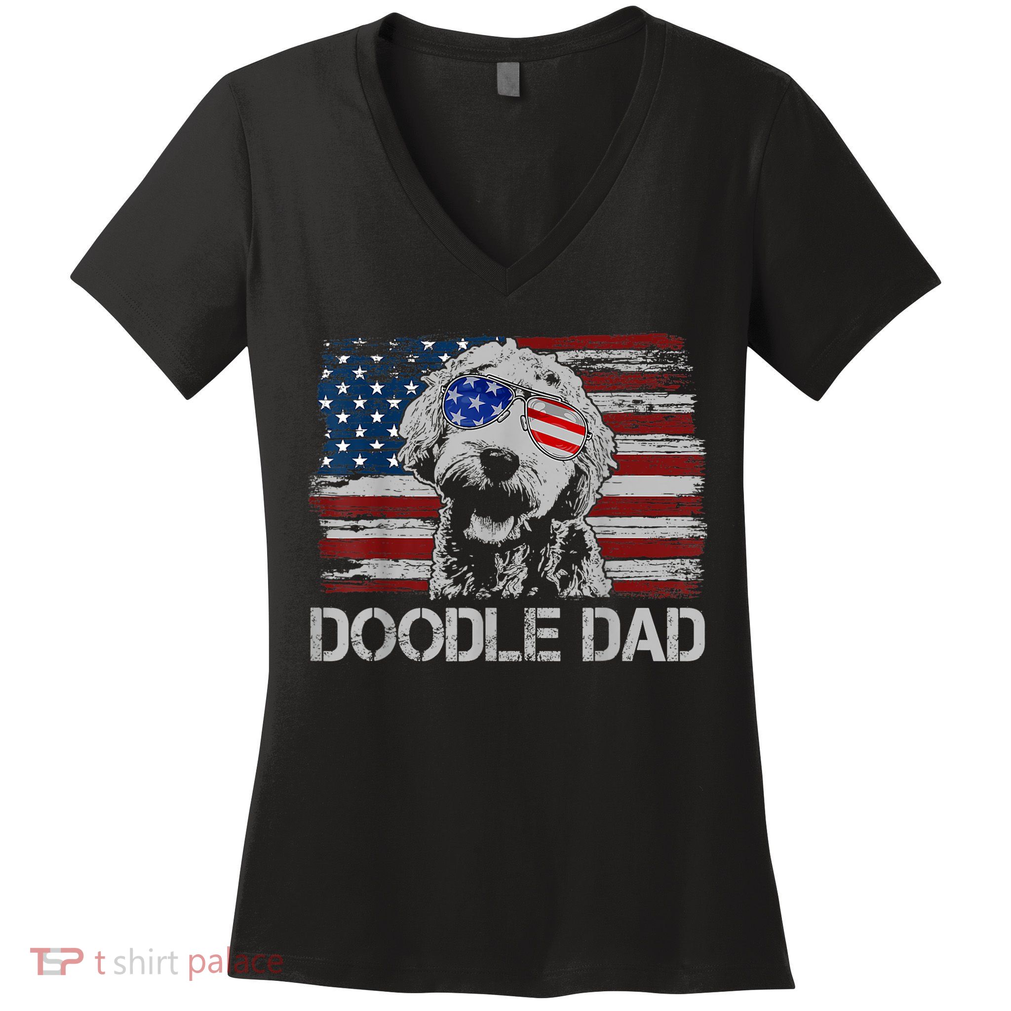 Doodle Dad Goldendoodle Dog American Flag 4th Of July Women's V-Neck T-Shirt
