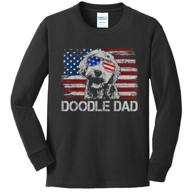 Doodle Dad Goldendoodle Dog American Flag 4th Of July Kids Long Sleeve Shirt