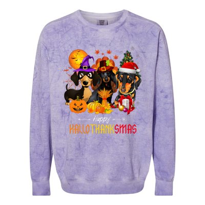 Dachshund Dog Halloween Merry Christmas Happy Hallothanksmas Colorblast Crewneck Sweatshirt