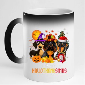 Dachshund Dog Halloween Merry Christmas Happy Hallothanksmas 11oz Black Color Changing Mug