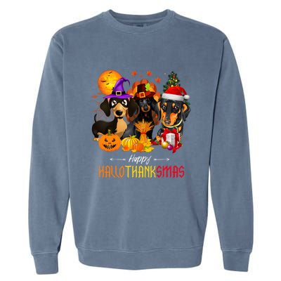 Dachshund Dog Halloween Merry Christmas Happy Hallothanksmas Garment-Dyed Sweatshirt