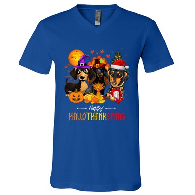 Dachshund Dog Halloween Merry Christmas Happy Hallothanksmas V-Neck T-Shirt