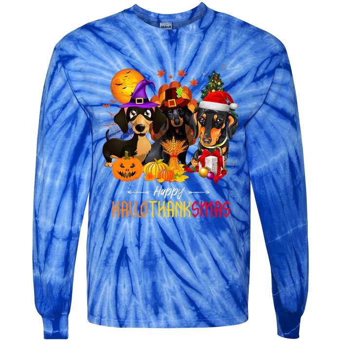 Dachshund Dog Halloween Merry Christmas Happy Hallothanksmas Tie-Dye Long Sleeve Shirt