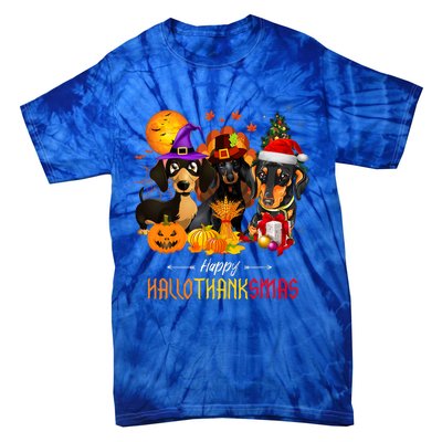 Dachshund Dog Halloween Merry Christmas Happy Hallothanksmas Tie-Dye T-Shirt