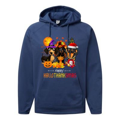 Dachshund Dog Halloween Merry Christmas Happy Hallothanksmas Performance Fleece Hoodie