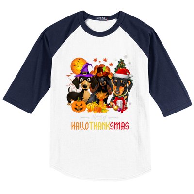 Dachshund Dog Halloween Merry Christmas Happy Hallothanksmas Baseball Sleeve Shirt