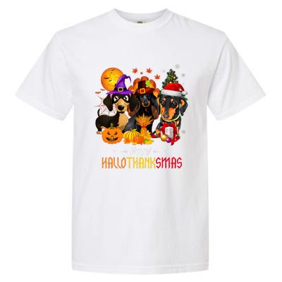 Dachshund Dog Halloween Merry Christmas Happy Hallothanksmas Garment-Dyed Heavyweight T-Shirt