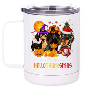 Dachshund Dog Halloween Merry Christmas Happy Hallothanksmas 12 oz Stainless Steel Tumbler Cup