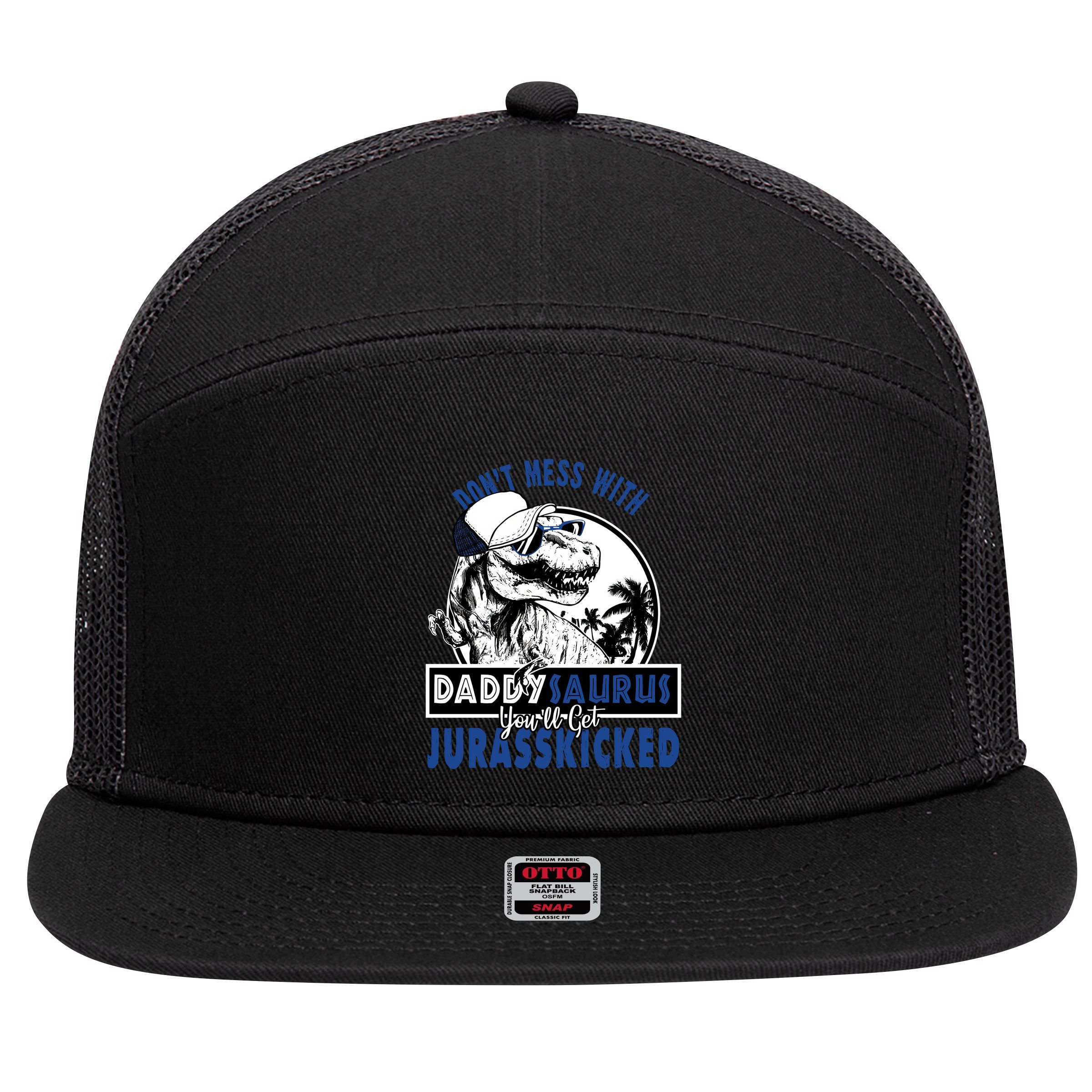Daddysaurus Dad Husband Father's Day Gift Matching Dinosaur  7 Panel Mesh Trucker Snapback Hat