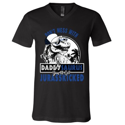 Daddysaurus Dad Husband Father's Day Gift Matching Dinosaur  V-Neck T-Shirt