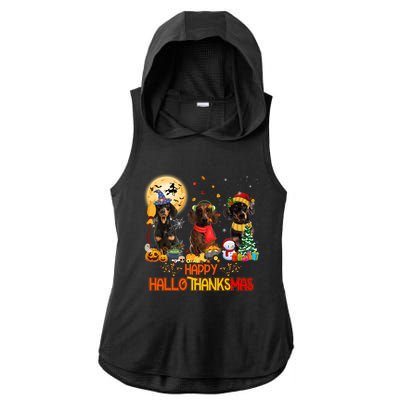 Dachshund Dog Halloween Thanksgiving Happy Hallothanksmas Gift Ladies PosiCharge Tri-Blend Wicking Draft Hoodie Tank