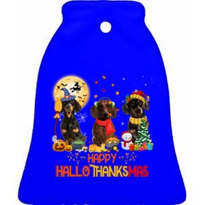 Dachshund Dog Halloween Thanksgiving Happy Hallothanksmas Gift Ceramic Bell Ornament