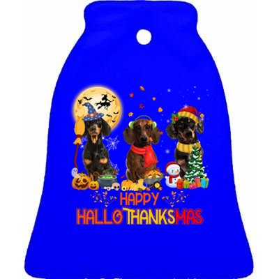 Dachshund Dog Halloween Thanksgiving Happy Hallothanksmas Gift Ceramic Bell Ornament