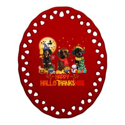 Dachshund Dog Halloween Thanksgiving Happy Hallothanksmas Gift Ceramic Oval Ornament