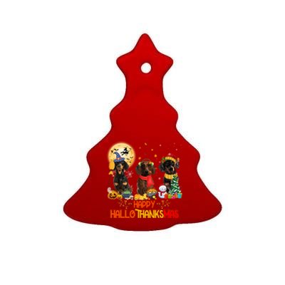 Dachshund Dog Halloween Thanksgiving Happy Hallothanksmas Gift Ceramic Tree Ornament