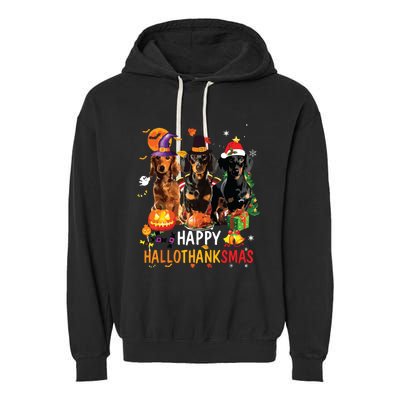 Dachshund Dog Halloween Merry Christmas Happy Hallothanksmas Garment-Dyed Fleece Hoodie