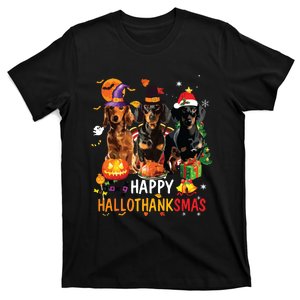 Dachshund Dog Halloween Merry Christmas Happy Hallothanksmas T-Shirt