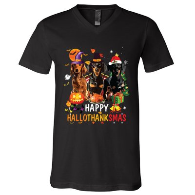 Dachshund Dog Halloween Merry Christmas Happy Hallothanksmas V-Neck T-Shirt