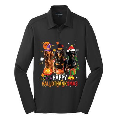 Dachshund Dog Halloween Merry Christmas Happy Hallothanksmas Silk Touch Performance Long Sleeve Polo