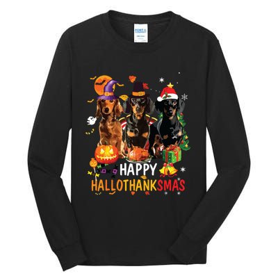 Dachshund Dog Halloween Merry Christmas Happy Hallothanksmas Tall Long Sleeve T-Shirt