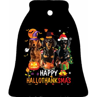 Dachshund Dog Halloween Merry Christmas Happy Hallothanksmas Ceramic Bell Ornament