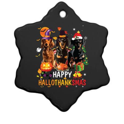 Dachshund Dog Halloween Merry Christmas Happy Hallothanksmas Ceramic Star Ornament