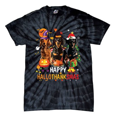 Dachshund Dog Halloween Merry Christmas Happy Hallothanksmas Tie-Dye T-Shirt