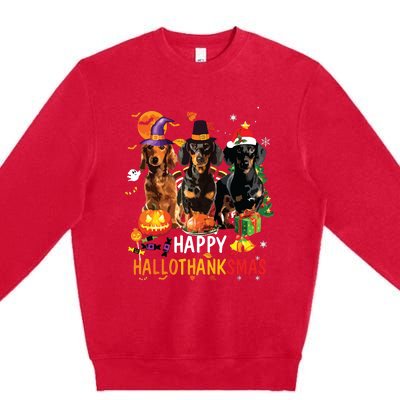 Dachshund Dog Halloween Merry Christmas Happy Hallothanksmas Premium Crewneck Sweatshirt