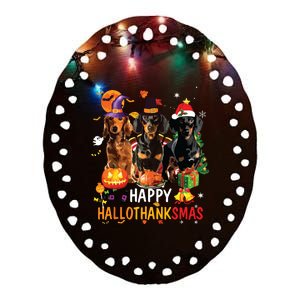 Dachshund Dog Halloween Merry Christmas Happy Hallothanksmas Ceramic Oval Ornament