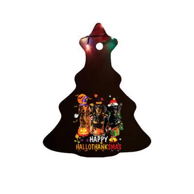 Dachshund Dog Halloween Merry Christmas Happy Hallothanksmas Ceramic Tree Ornament