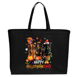 Dachshund Dog Halloween Merry Christmas Happy Hallothanksmas Cotton Canvas Jumbo Tote