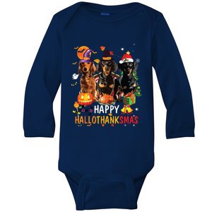 Dachshund Dog Halloween Merry Christmas Happy Hallothanksmas Baby Long Sleeve Bodysuit