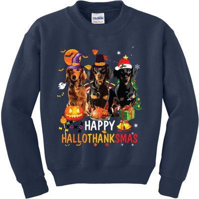 Dachshund Dog Halloween Merry Christmas Happy Hallothanksmas Kids Sweatshirt