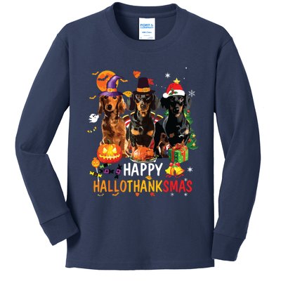 Dachshund Dog Halloween Merry Christmas Happy Hallothanksmas Kids Long Sleeve Shirt