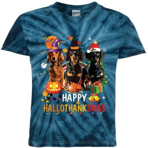 Dachshund Dog Halloween Merry Christmas Happy Hallothanksmas Kids Tie-Dye T-Shirt