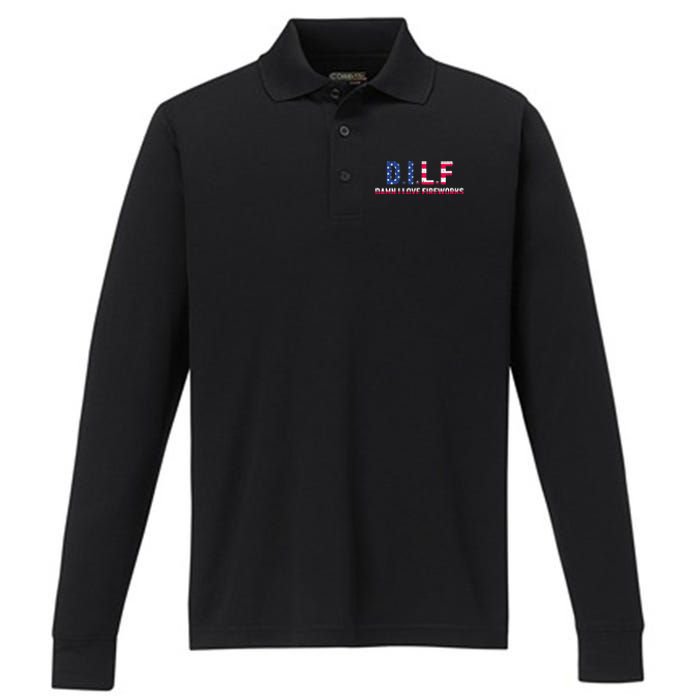 DILF Damn I Love Fireworks Performance Long Sleeve Polo