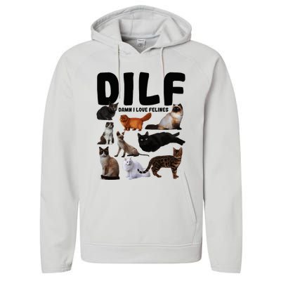 Dilf Damn I Love Felines Funny Cat Kitty Lover Performance Fleece Hoodie