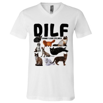 Dilf Damn I Love Felines Funny Cat Kitty Lover V-Neck T-Shirt