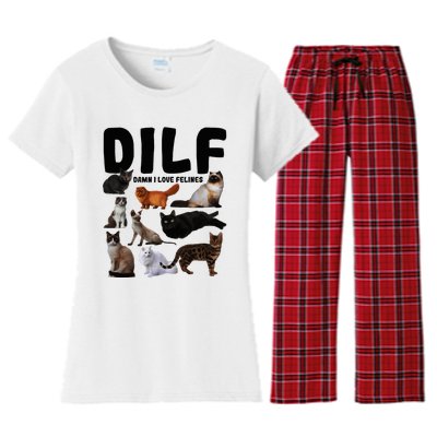 Dilf Damn I Love Felines Funny Cat Kitty Lover Women's Flannel Pajama Set