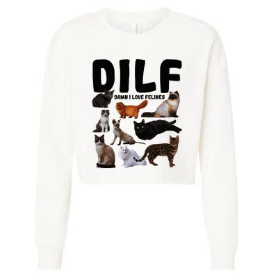 Dilf Damn I Love Felines Funny Cat Kitty Lover Cropped Pullover Crew